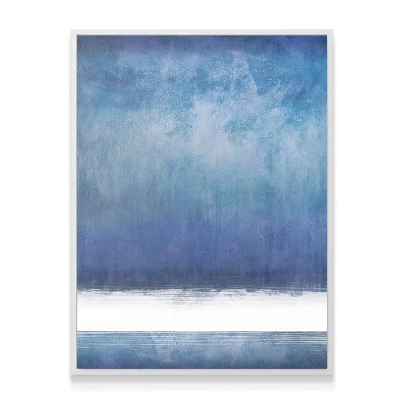 Angled studio shot showing the stretched canvas edge of the peaceful Horizon print.
