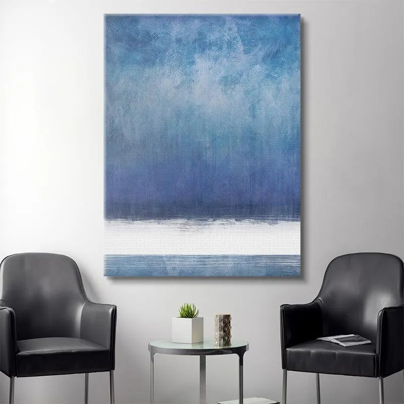 Detail of the stark white horizontal line defining the Horizon in the modern art piece.