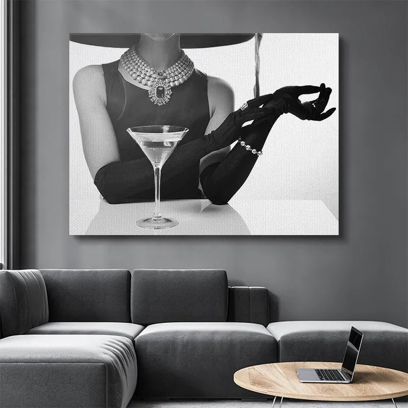 Angled perspective of the martini glass and luxurious ring detail in the Hotel Bar print.