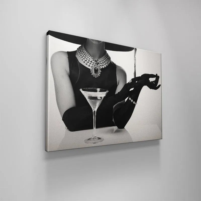 Dramatic monochrome artwork capturing the vintage elegance of a woman at the Hotel Bar.