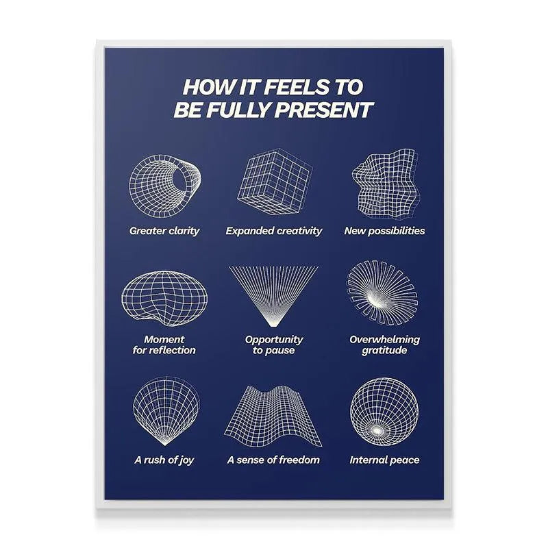 A lifestyle angle showing the framed print hung in a modern, minimalist home décor setting and How It Feels To Be Fully Present.