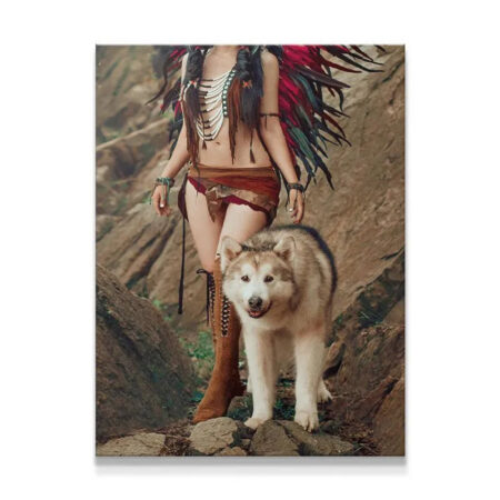Full view of the 'Husky Walk' print showing the warrior figure and the canine companion on rugged rocky terrain.