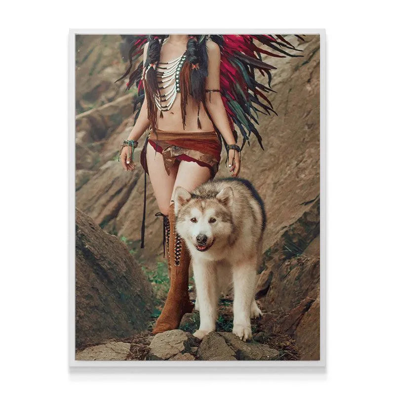 Medium shot capturing the indigenous/tribal necklace and bone details worn by the figure in the 'Husky Walk' scene.