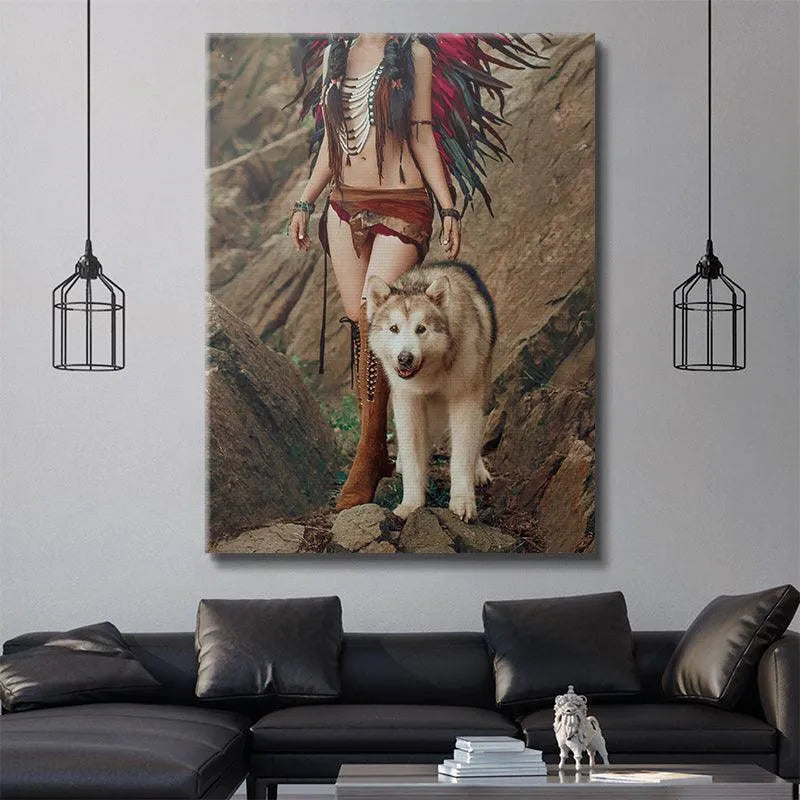 Low-angle perspective of the 'Husky Walk' print emphasizing the size of the dog relative to the stone environment.