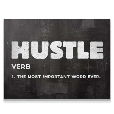 Close-up view of the distressed, chalky texture of the word Hustle in white ink.