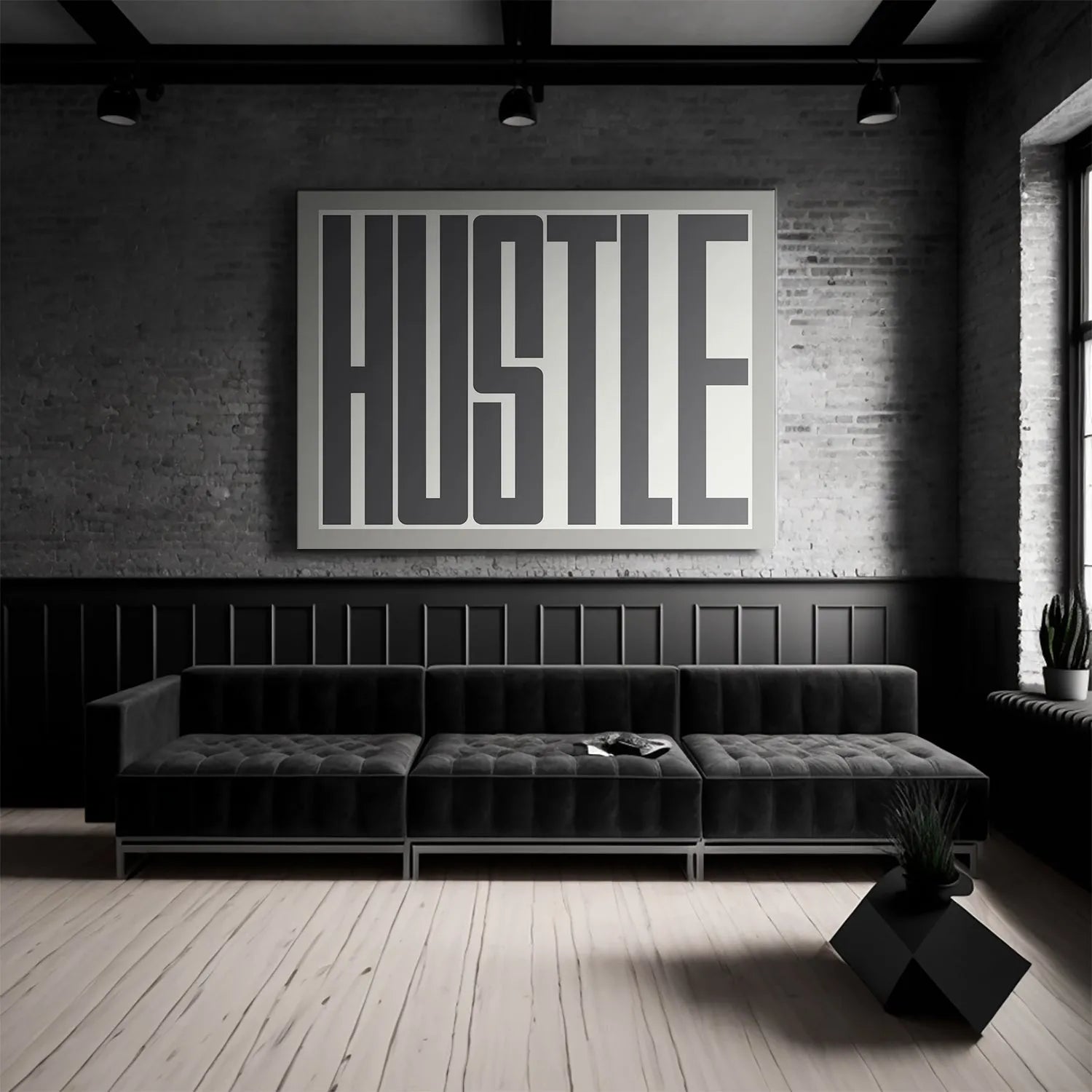 Angled perspective showing the thickness of the canvas and clean edges of the Hustle art.