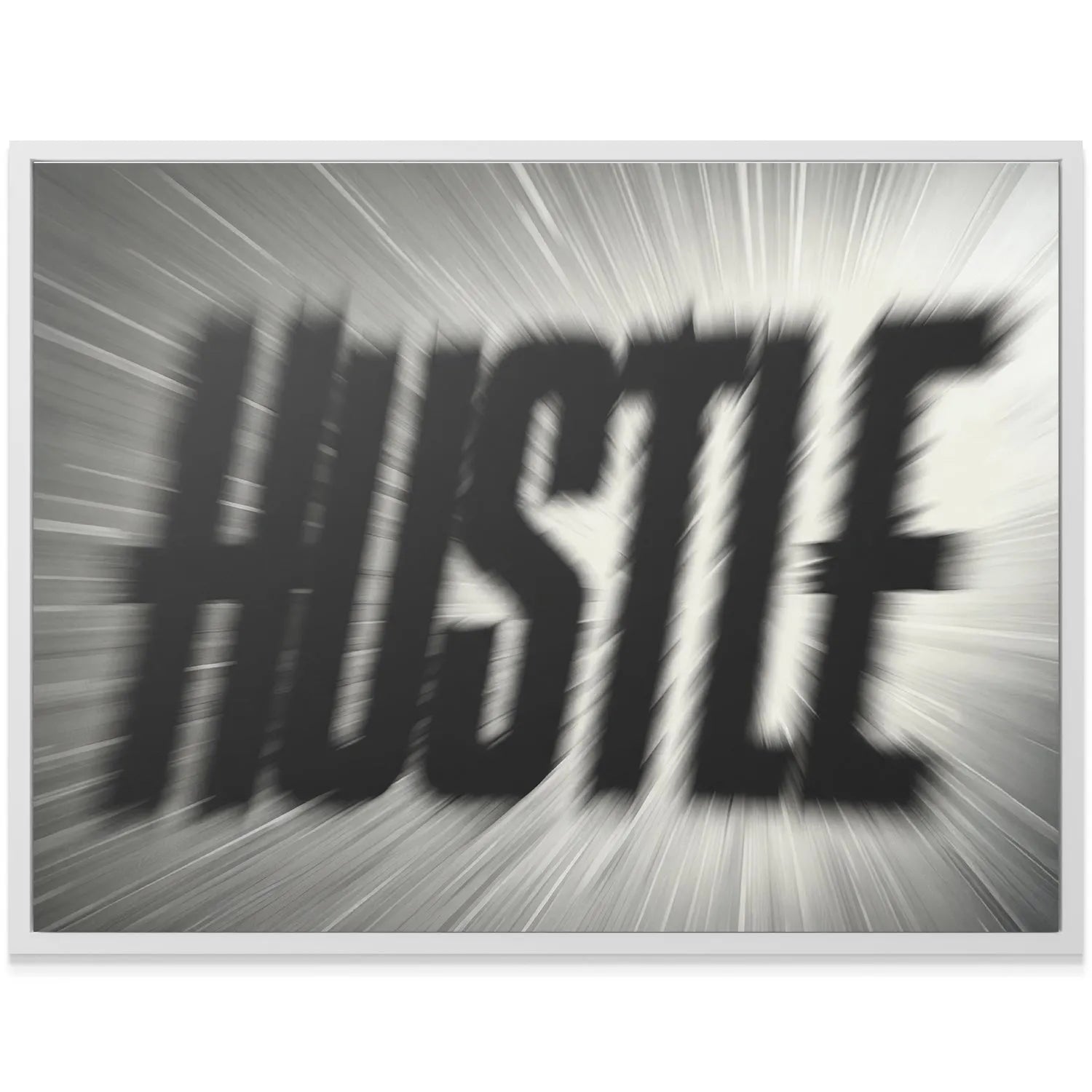 High-contrast texture shot emphasizing the radial lines and dark letters of 'Hustle Blur' artwork.