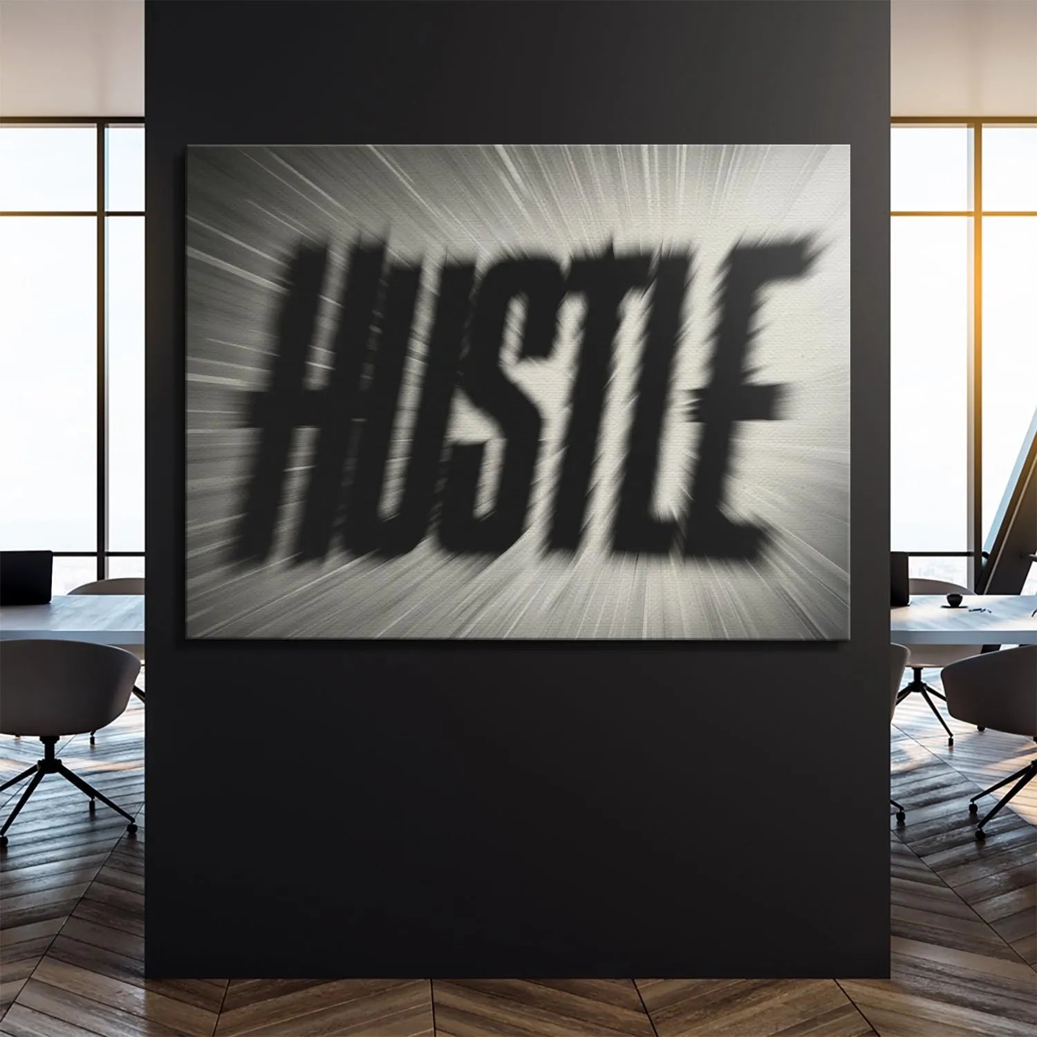 Lifestyle scene showing the 'Hustle Blur' canvas hanging prominently in a modern, minimalist office setting.