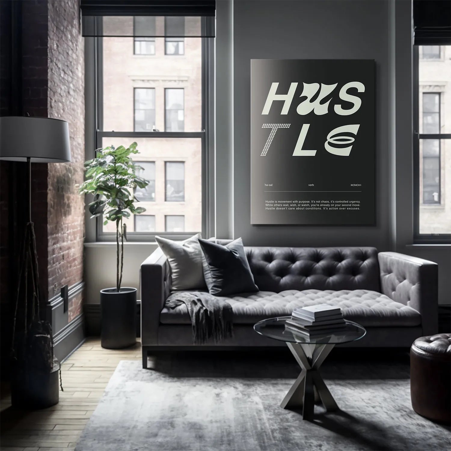 Angled view highlighting the deep matte black background texture of the Hustle Definition - Dark art piece.
