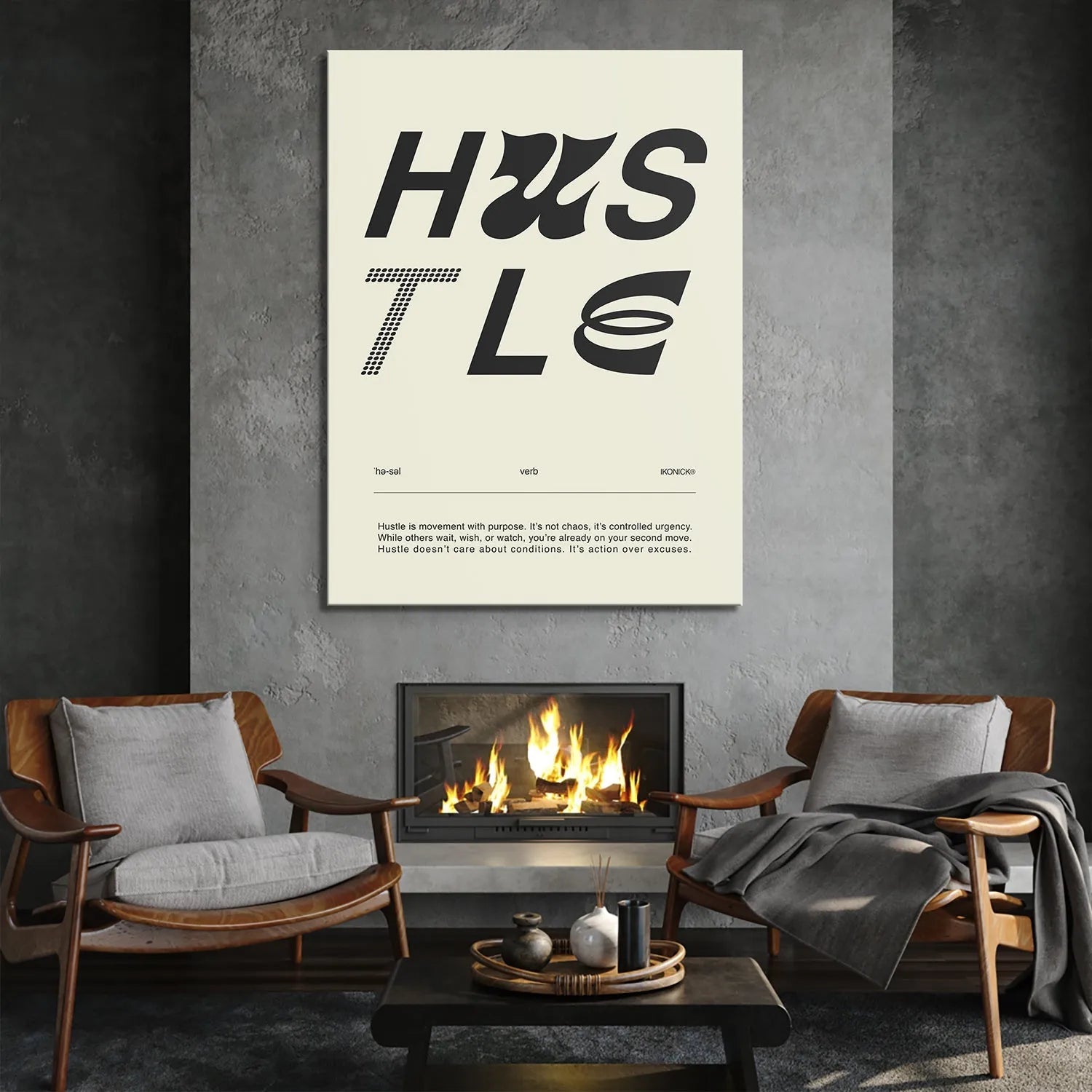 Lifestyle mock-up showing the Hustle Definition - Light poster hanging prominently above a clean desk setup.