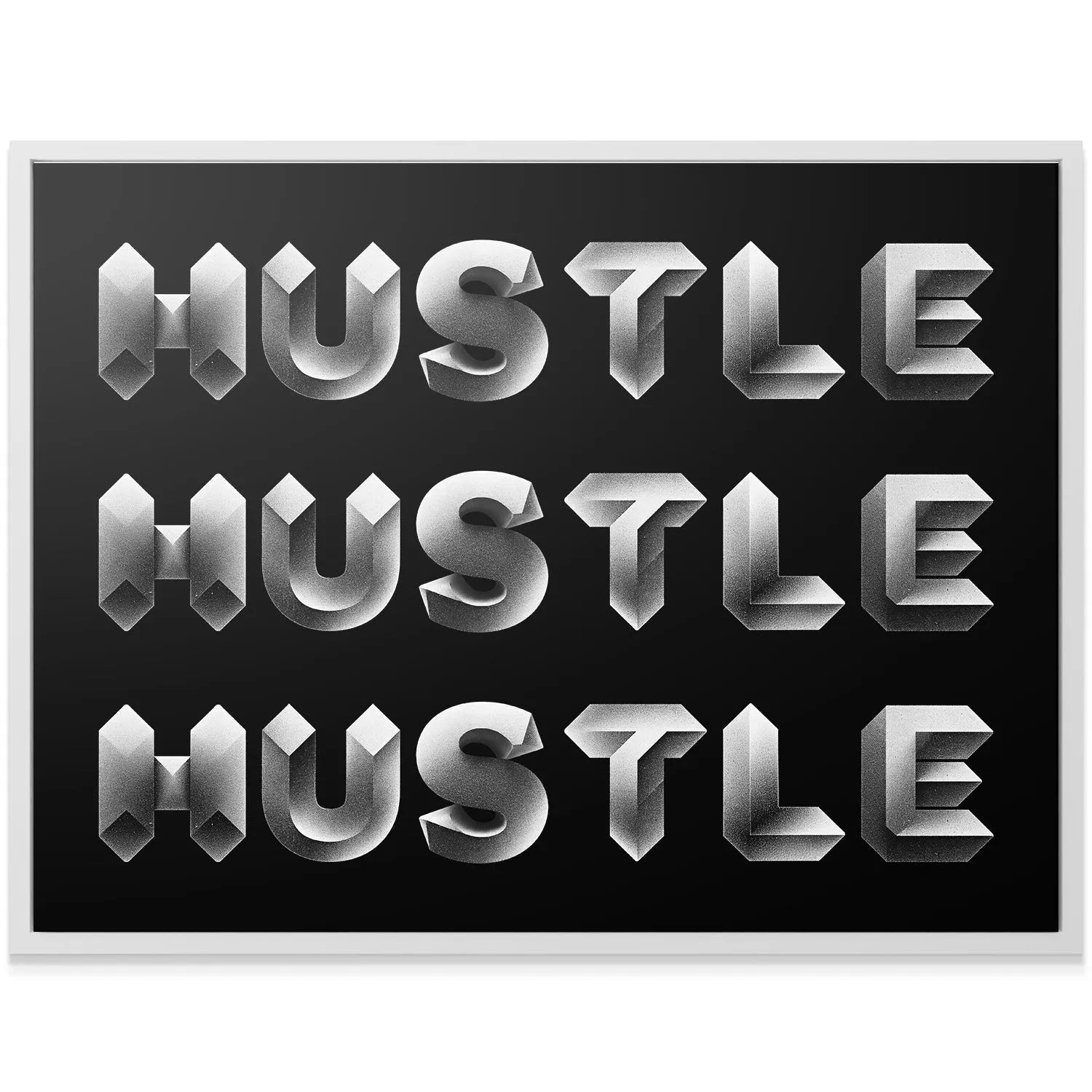 Geometric 3D faceted block lettering detail of 'Hustle - Silver'.