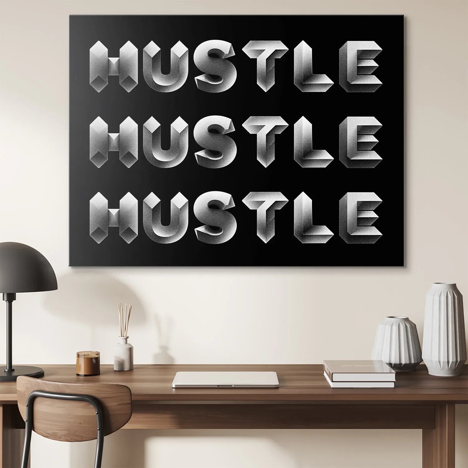 Angled shot showing the dramatic shadow effect of the 'Hustle - Silver' poster.