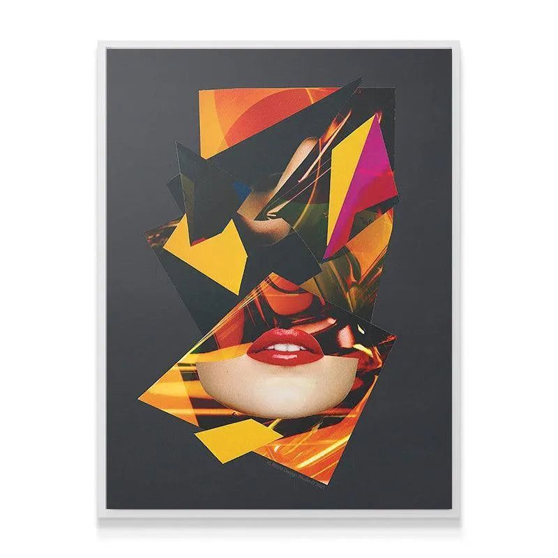 Conceptual art showing glossy red lips contrasted with geometric chaos in 'I Can Hear Your Tears'.