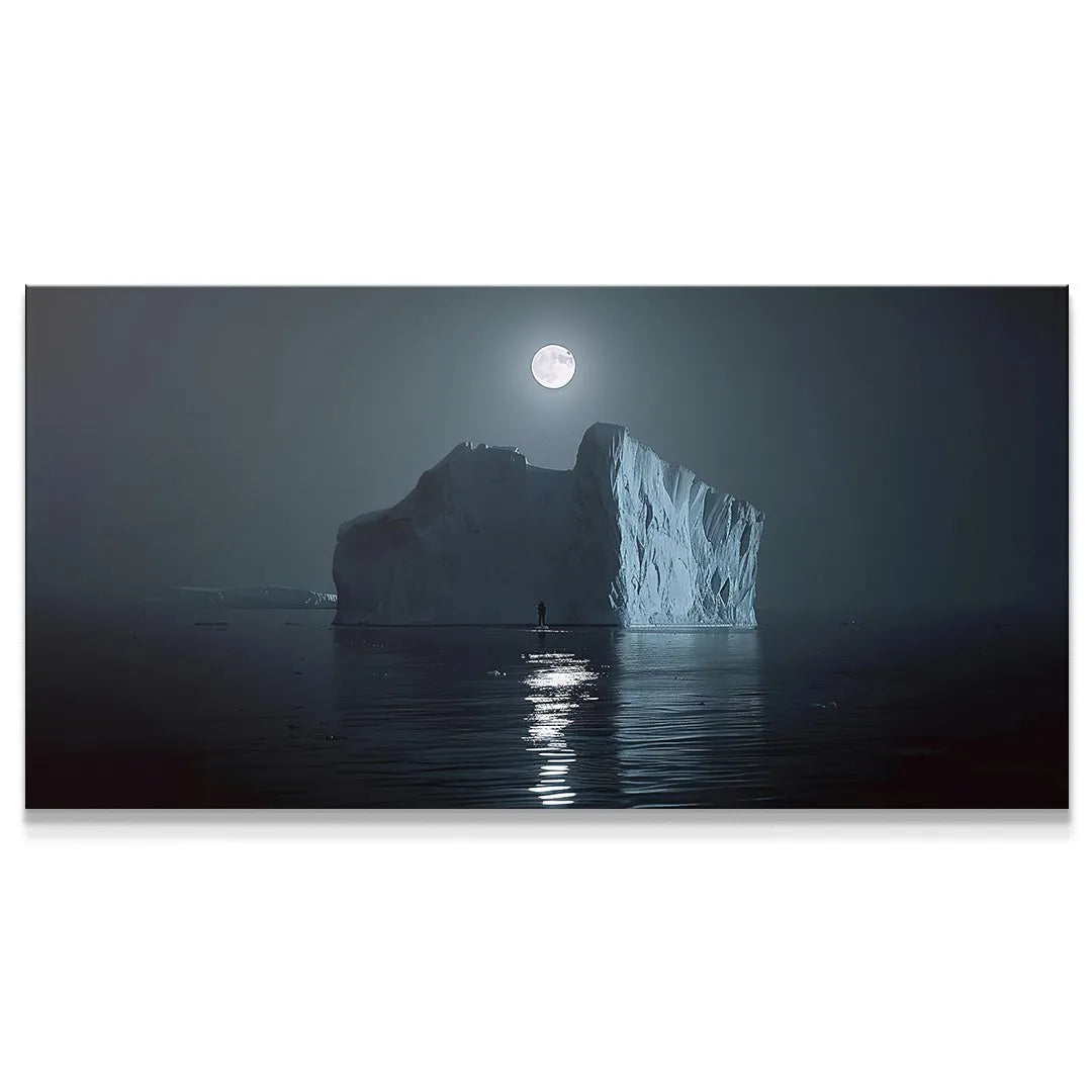 Panoramic view of Iceberg Night under a glowing, centered full moon.