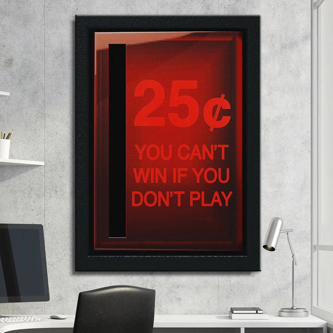Detail of the vibrant red graphic background and the crisp lettering associated with the mantra If You Don't Play.