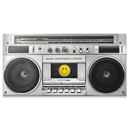 Full frontal view of silver vintage boombox artwork, IKO Make Happiness Louder