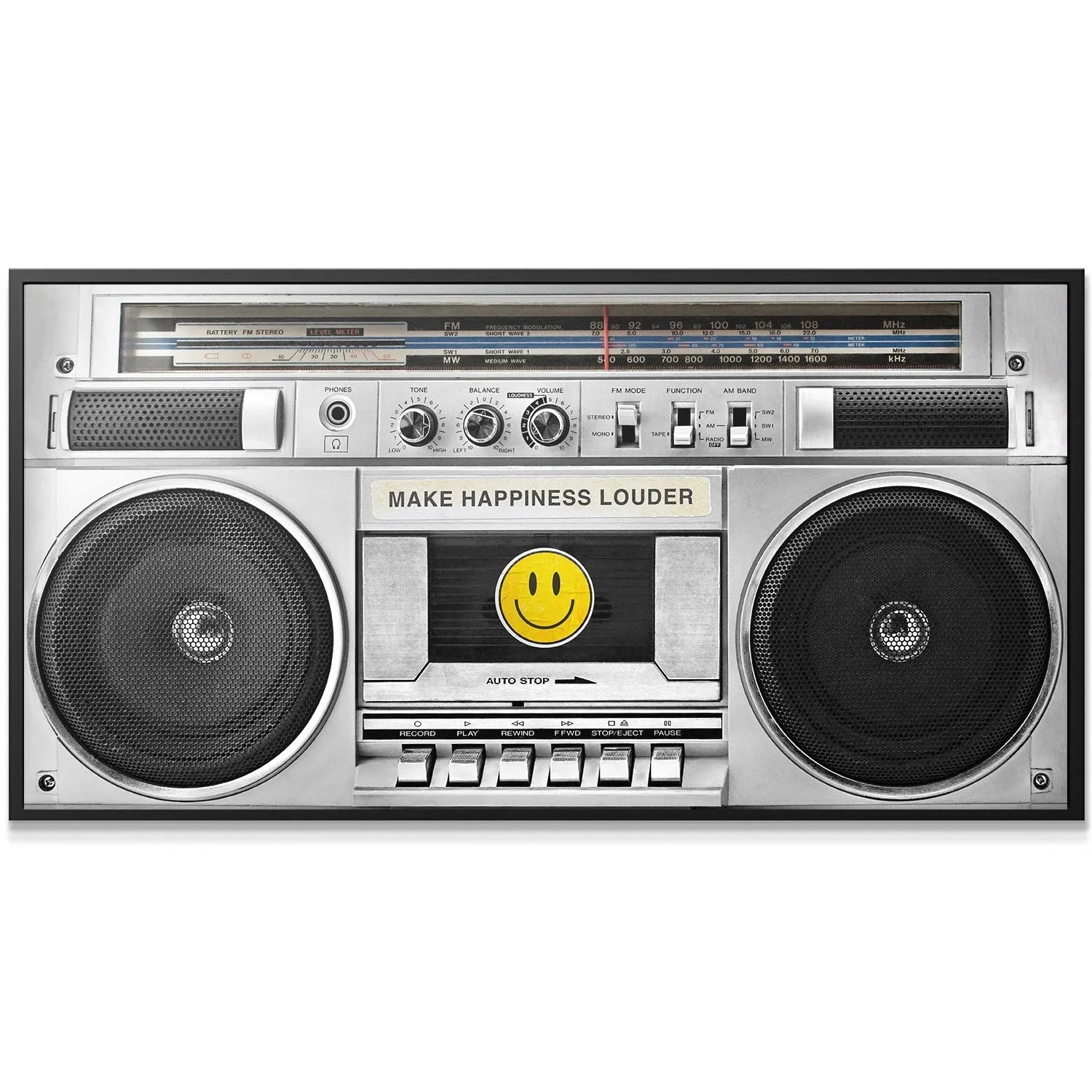 Close-up on the cassette deck area showing the yellow smiley face sticker, IKO Make Happiness Louder