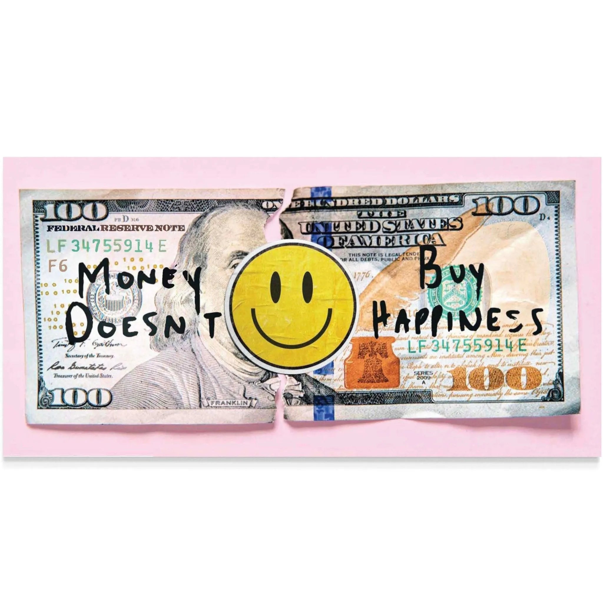 Close-up detail of the yellow smiley sticker covering Franklin's face on the IKO Money Doesn't Buy Happiness artwork.