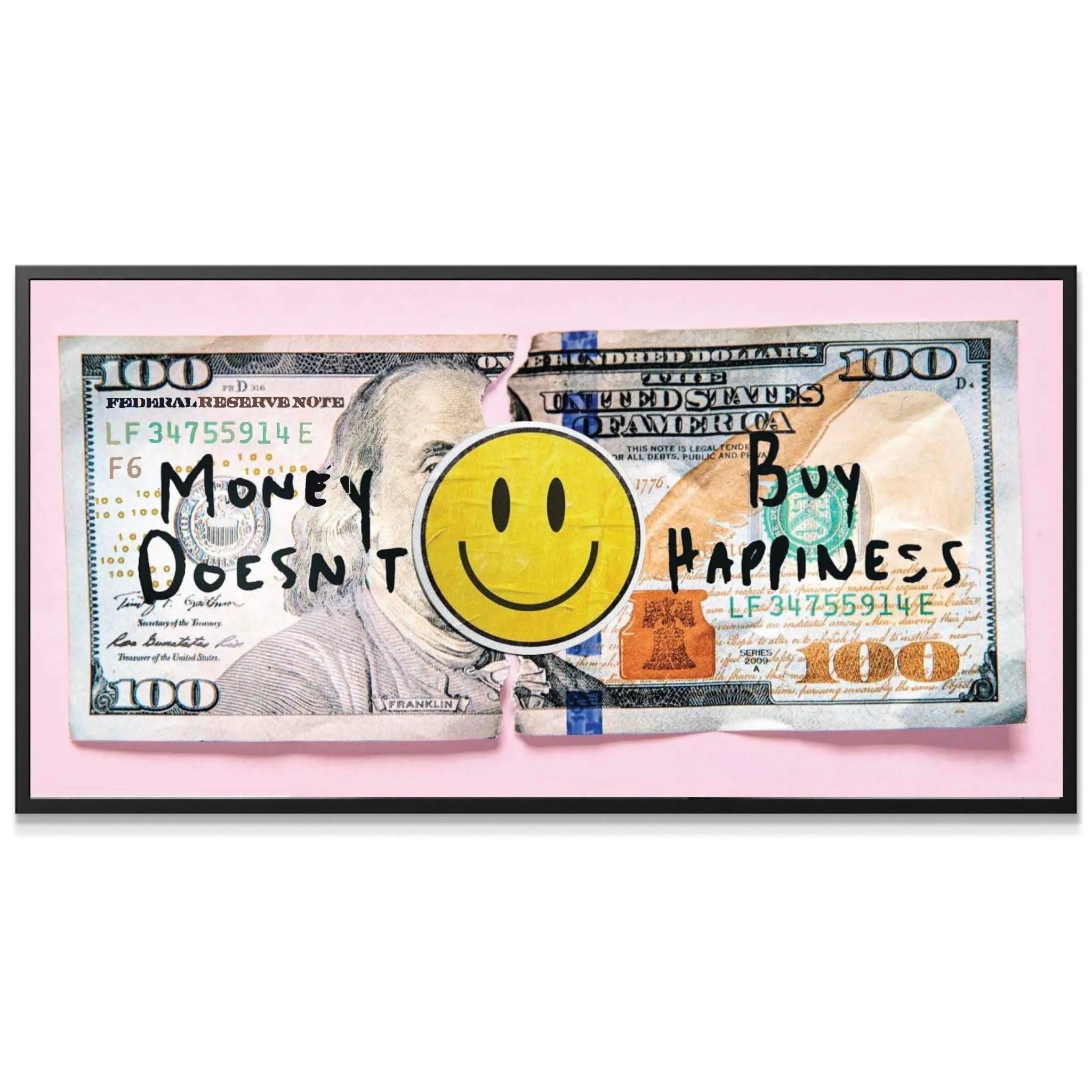 Full frontal view of the torn $100 bill against the pink backdrop, showcasing the IKO Money Doesn't Buy Happiness print.