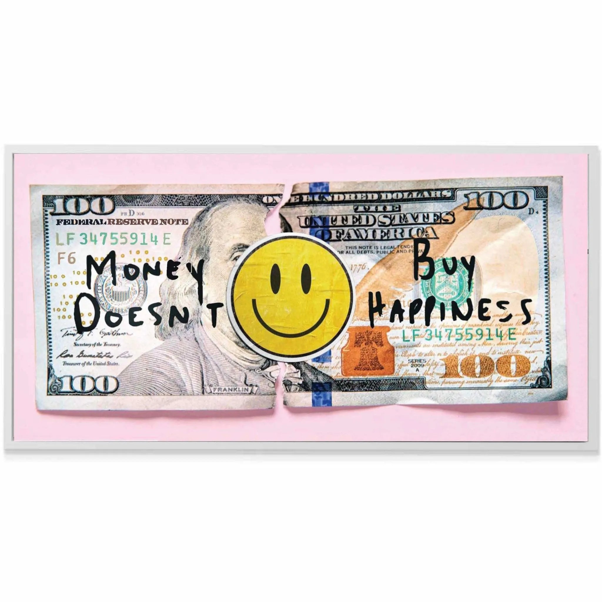 Texture shot revealing the distressed edges of the ripped banknote used in the IKO Money Doesn't Buy Happiness graphic design.
