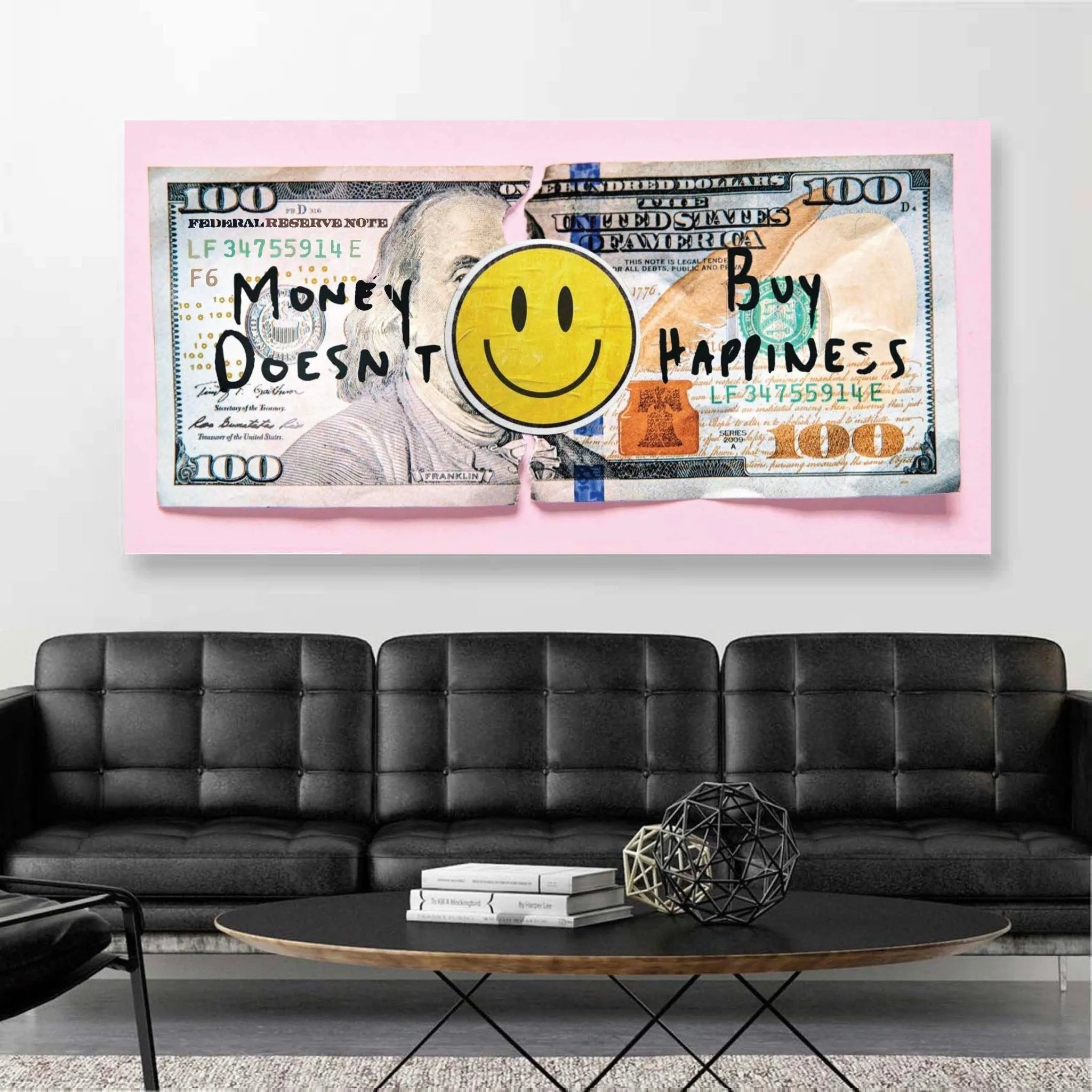 Angled perspective of the pop culture-inspired street art piece, IKO Money Doesn't Buy Happiness, hanging in a gallery.