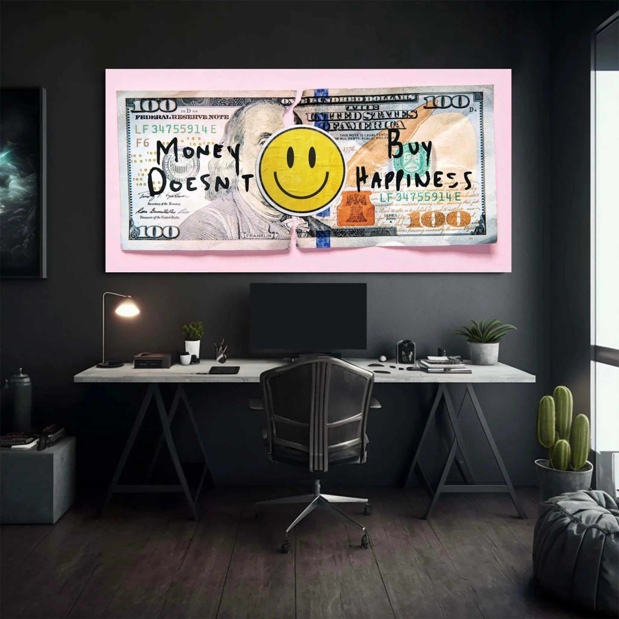High-contrast image focusing on the black handwritten 'Buy Happiness' text across the right side of the IKO Money Doesn't Buy Happiness currency art.