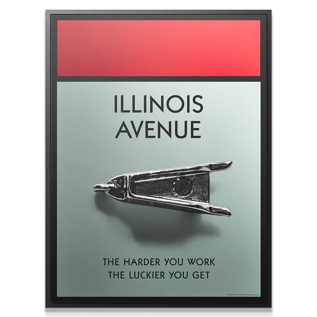 Detailed close-up shot of the highly reflective metallic game token centered on the Illinois Avenue 3D print.