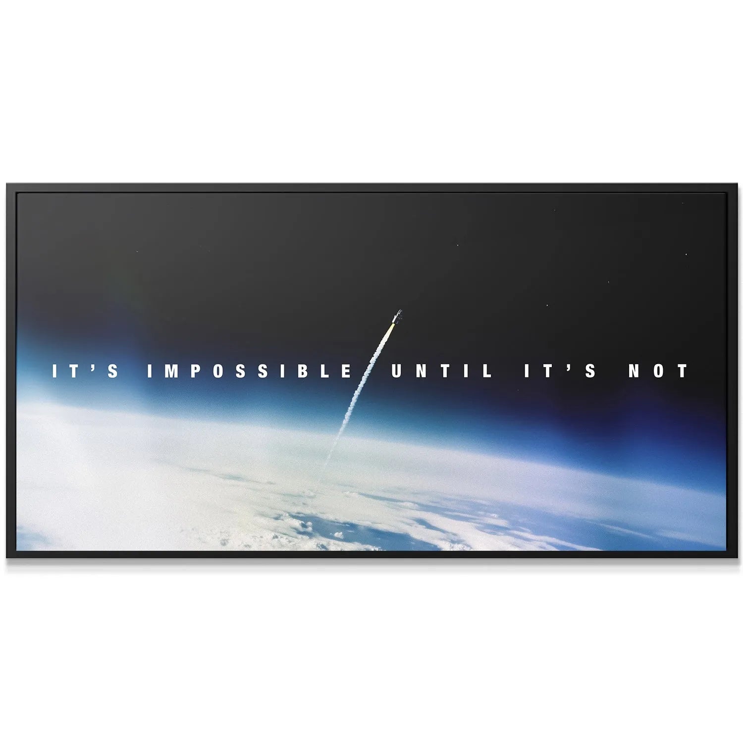 Close-up detail of the rocket contrail ascending through the atmosphere with "Impossible Until It's Not."