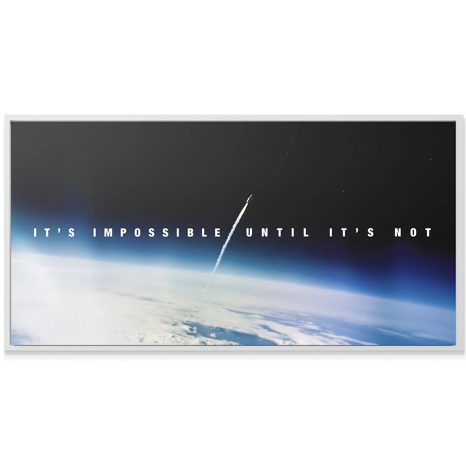 Wide-angle shot showing the Earth's curvature beneath the "Impossible Until It's Not" quote.