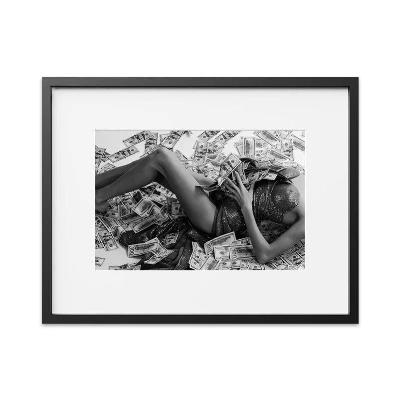 Wide shot perspective emphasizing the massive amount of wealth symbolized and strewn around in In Bed With Money.