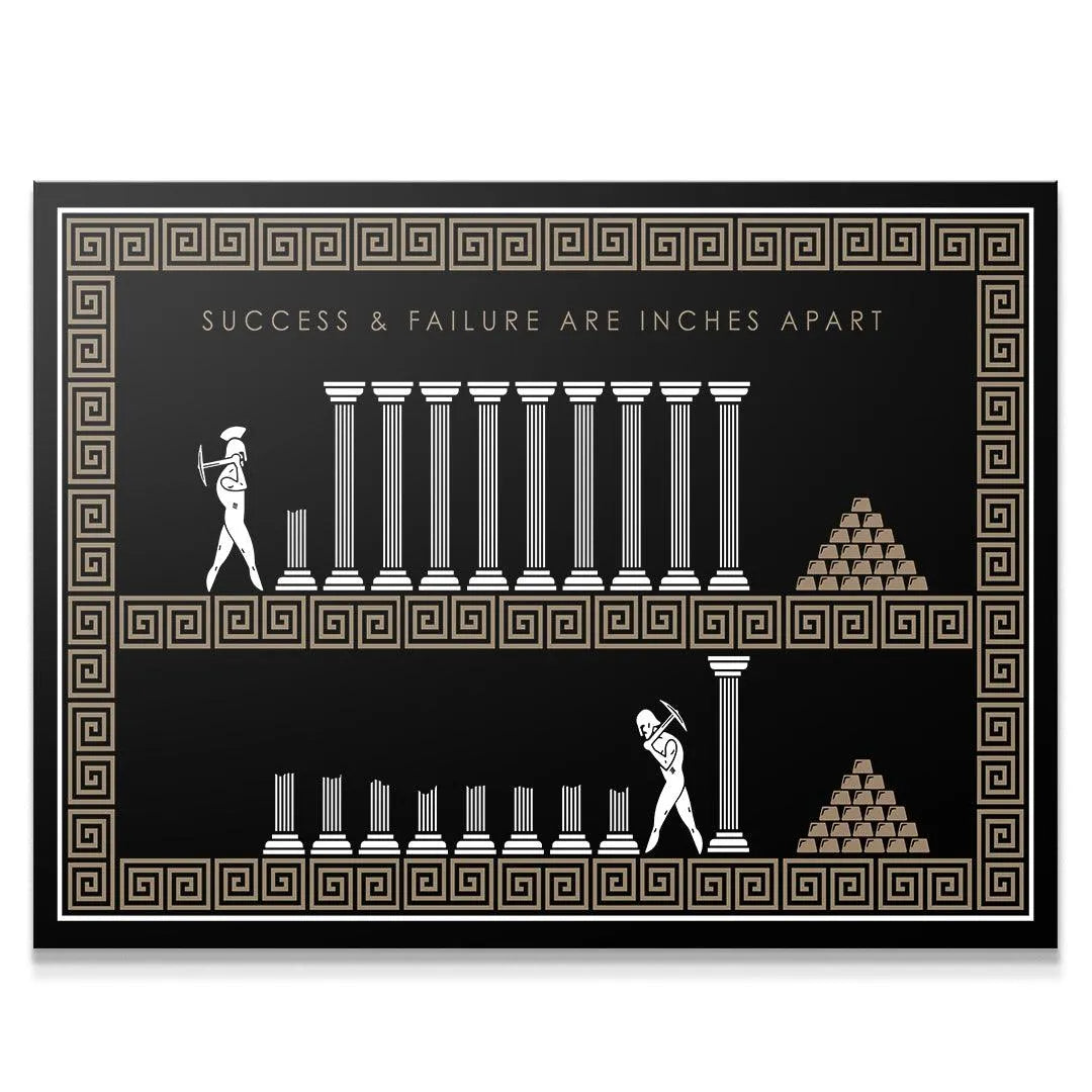 Full view of the Inches Apart - Empire Series motivational wall art featuring black, white, and bronze classical design.