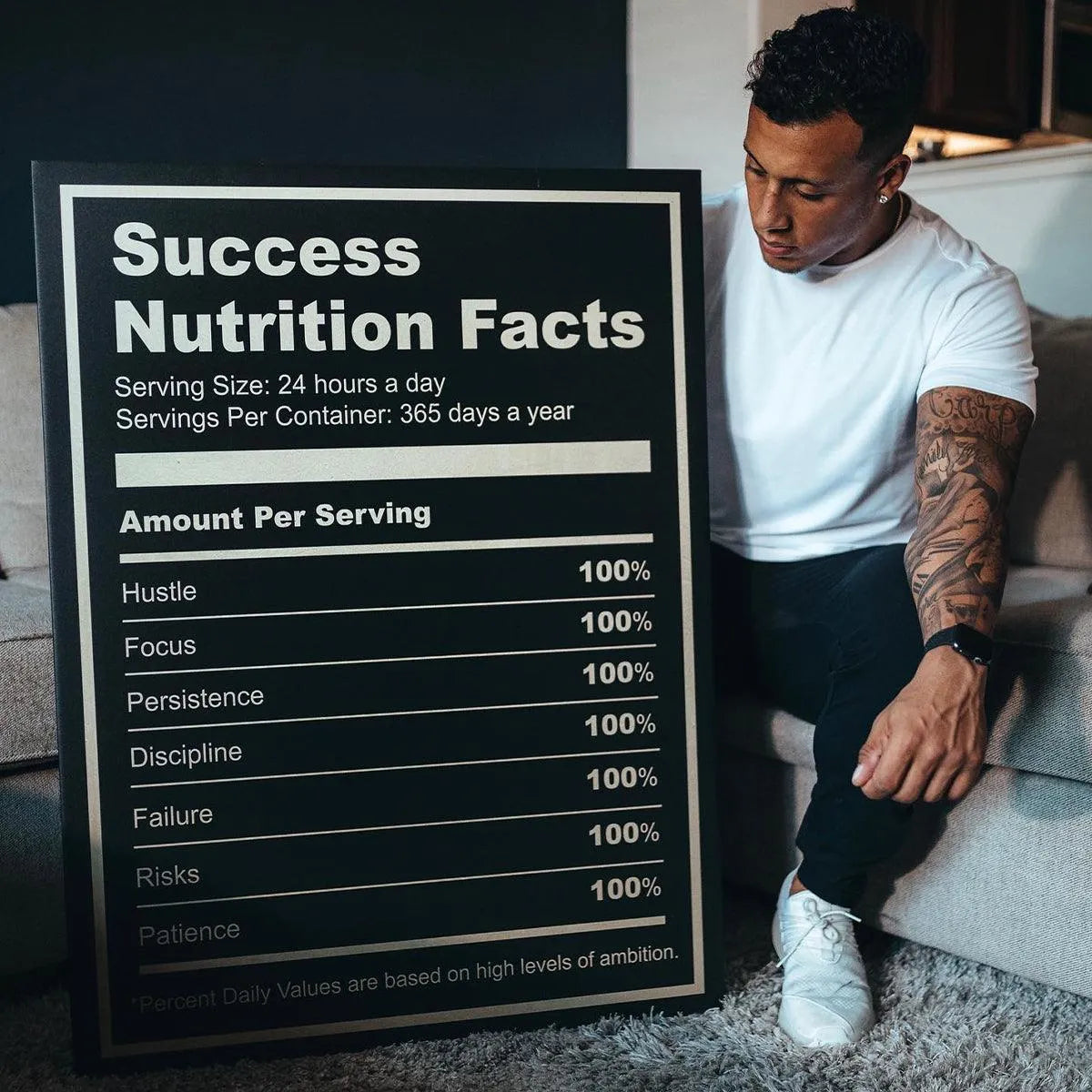 Texture shot showing the matte finish and metallic gold font of the motivational Ingredients For Success print.