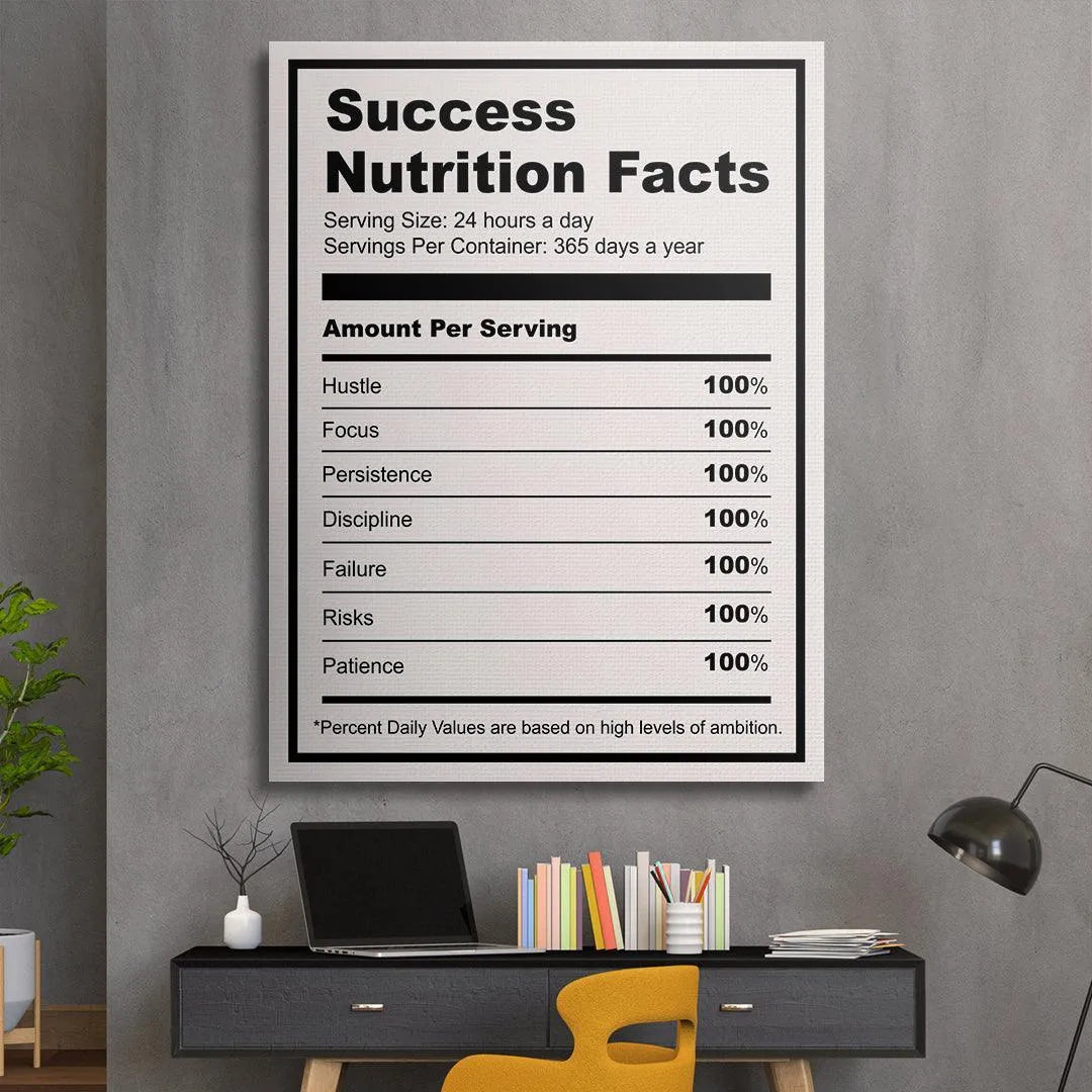 Detailed angle showcasing the list of 100% daily values like Hustle and Focus on the Ingredients For Success (Light) canvas.