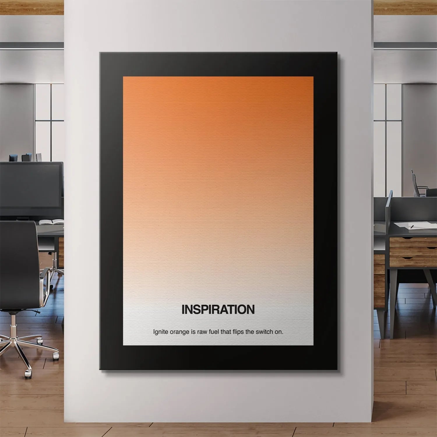 Lifestyle view: The Inspiration - Gradient poster hanging above a contemporary home office desk setup.
