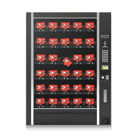 Full front view of the InstaSnacks vending machine prototype displaying all red engagement cards.