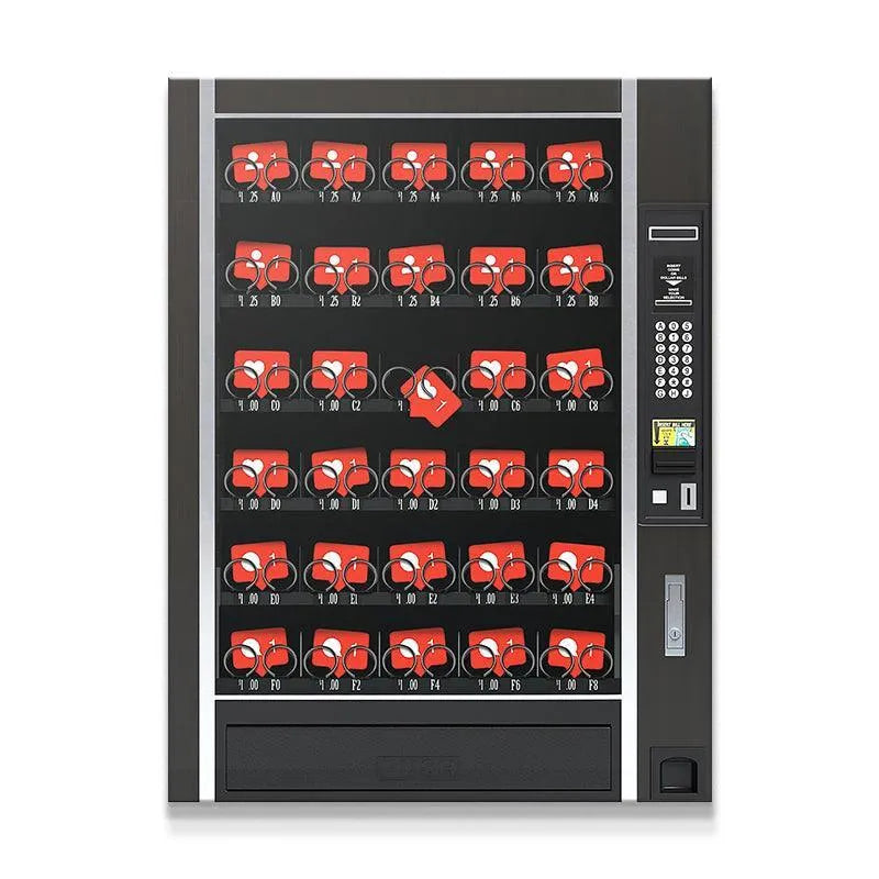 Full front view of the InstaSnacks vending machine prototype displaying all red engagement cards.
