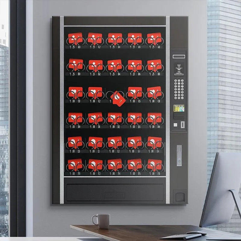 Detail view of the bright red 'like' cards loaded within the dispensing spirals of the InstaSnacks machine.