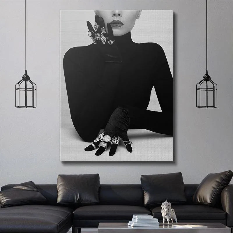 Interesting lifestyle visual suggesting the print displayed in a minimalist, chic living room.