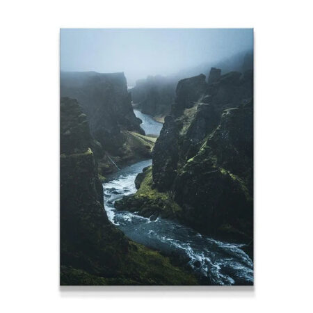 Vertical view of the foggy canyon print 'Into The Abyss' on a white background, showcasing the composition.