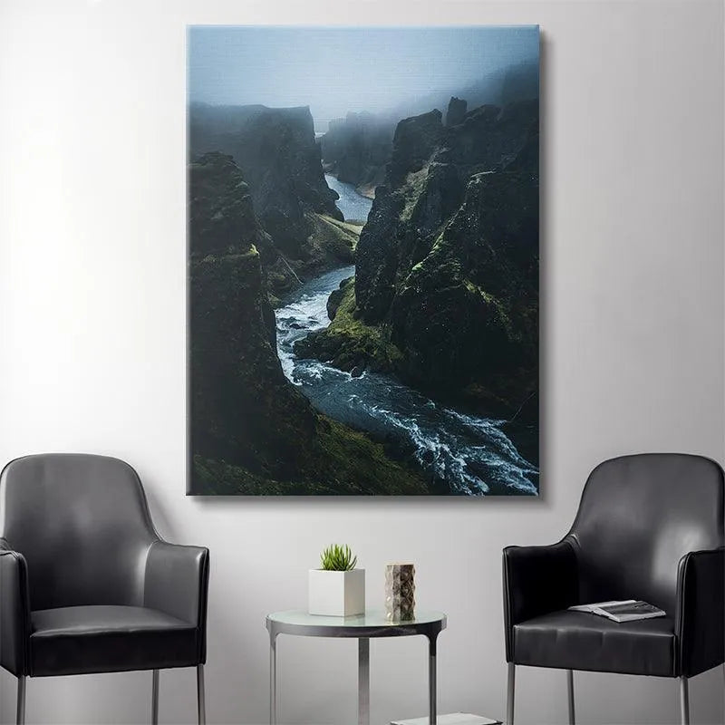 Detailed view of the turbulent, rushing river water flowing through the gorge within the 'Into The Abyss' photograph.