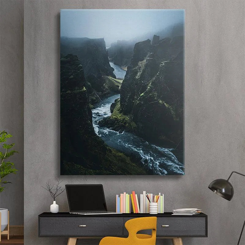 High-resolution print detail showing the mist and dark blue-gray sky gradient in 'Into The Abyss' artwork.