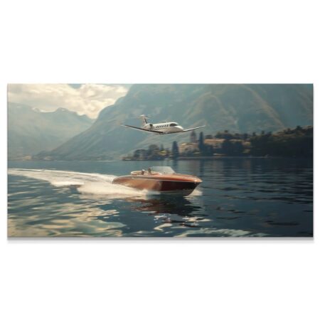 Full wide view of the luxury speedboat and private jet flying low, title 'Invite Only'.