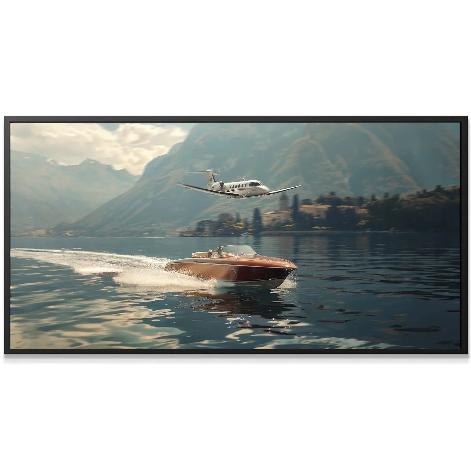 Close-up of the wooden speedboat hull cutting through the water, emphasizing the 'Invite Only' journey.