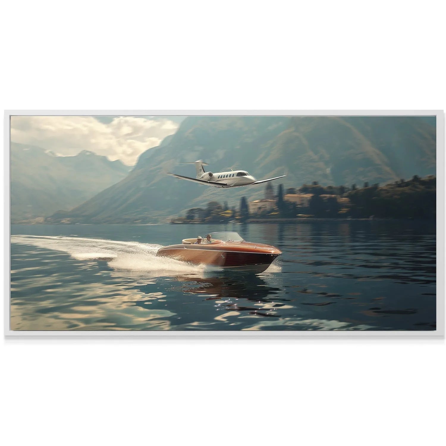 Aerial angle of the private jet banking over the lake, part of the exclusive 'Invite Only' experience.