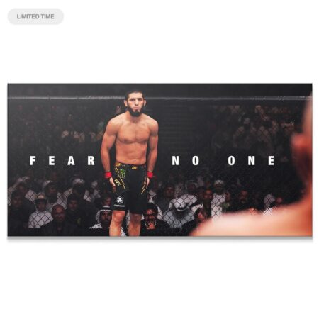 Wide shot of Islam Makhachev - Fear No One standing center cage, focused intently on the opponent.