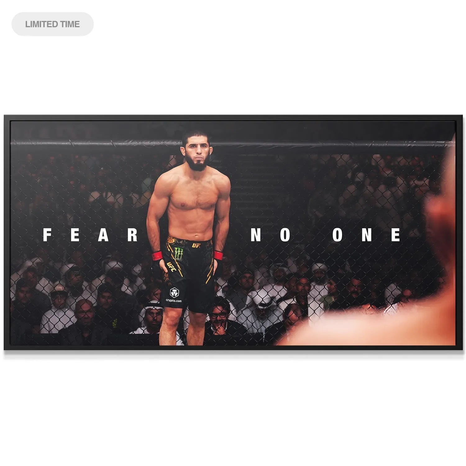 Close-up portrait view highlighting the determined face and expression of Islam Makhachev - Fear No One before his fight.