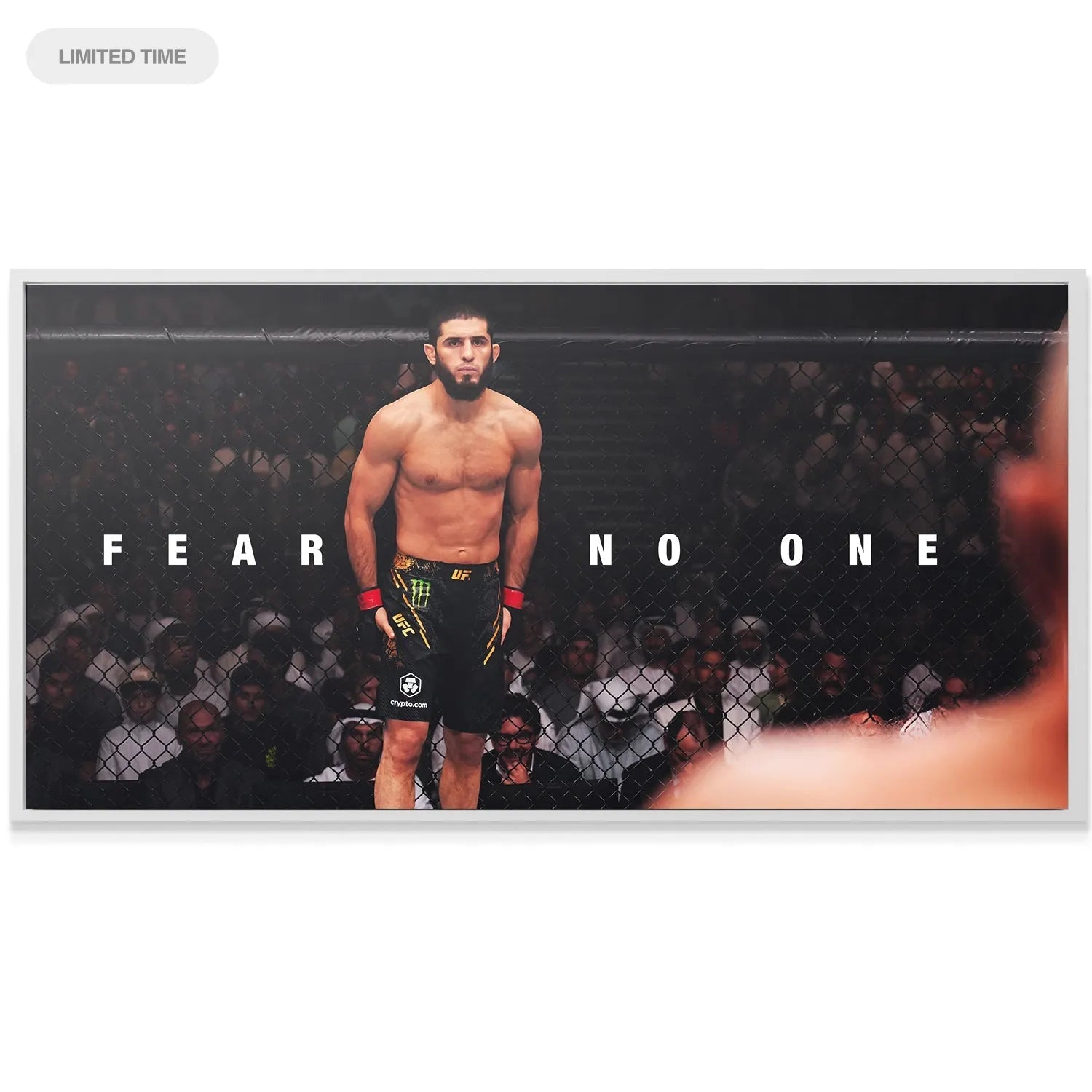 Lifestyle mockup showing the wall art of Islam Makhachev - Fear No One hanging in a modern, inspirational gym setting.