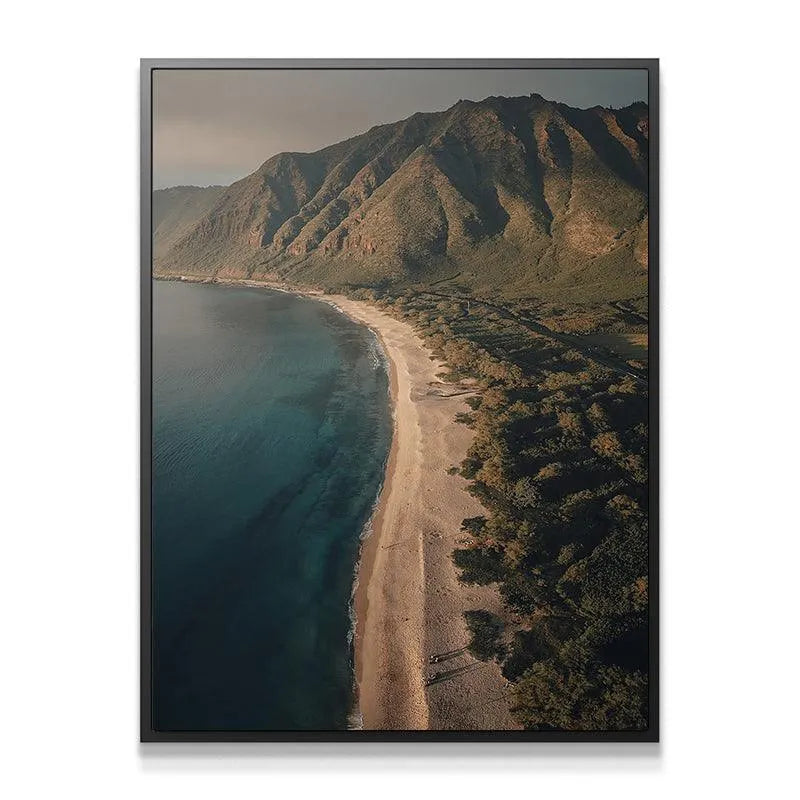 Detailed close-up showing the sandy texture of the beach near the clear blue waves, 'Island Side View' print.