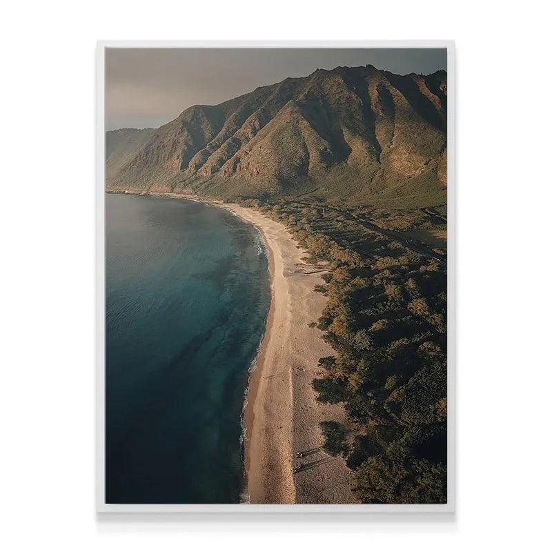 Lush green mountain slopes contrasting with the ocean gradient in this striking 'Island Side View' artwork.