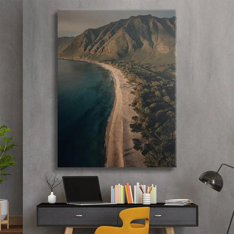 Lifestyle shot of the serene tropical coastline panorama, ideal for a modern living room 'Island Side View'.